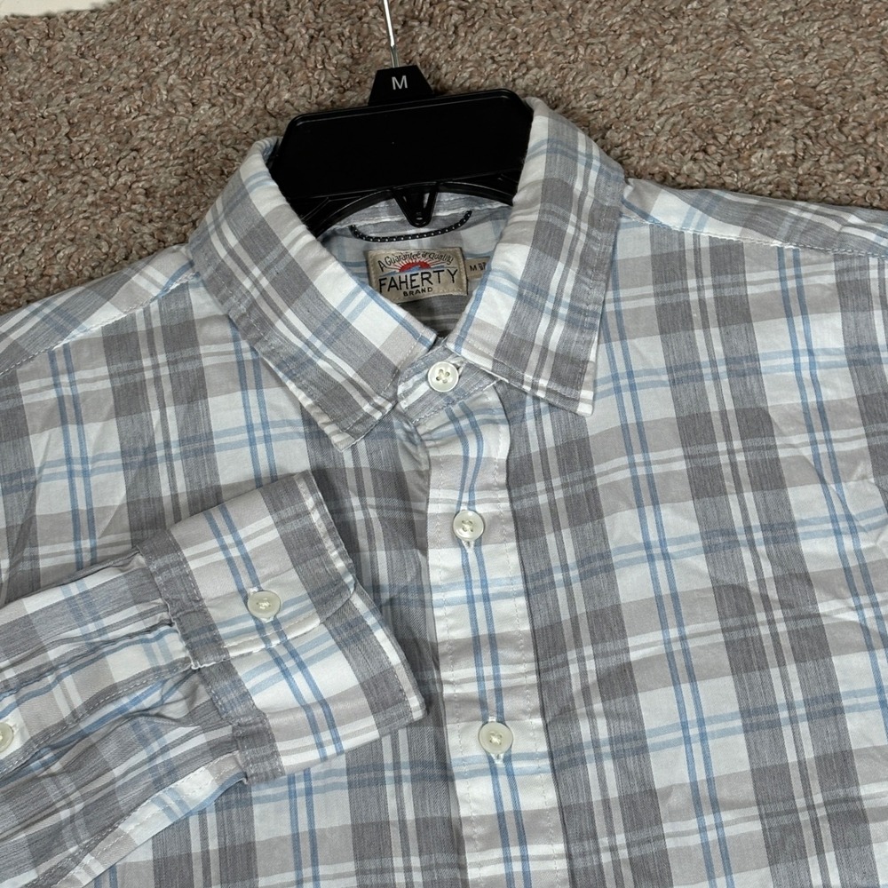 Faherty Brand Mens Grey Blue Plaid Supima Cotton Stretch Button Down Shirt M